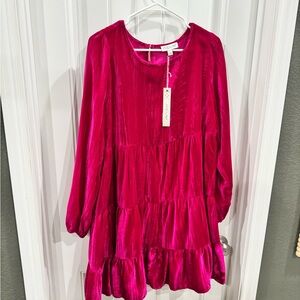 She + Sky Pink Velvet Tiered Babydoll Dress Long Sleeve Size L NWT
